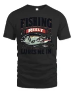 Fishing Reely Lures Me In Funny Angler Sport Graphic Tee - black t-shirt on white background