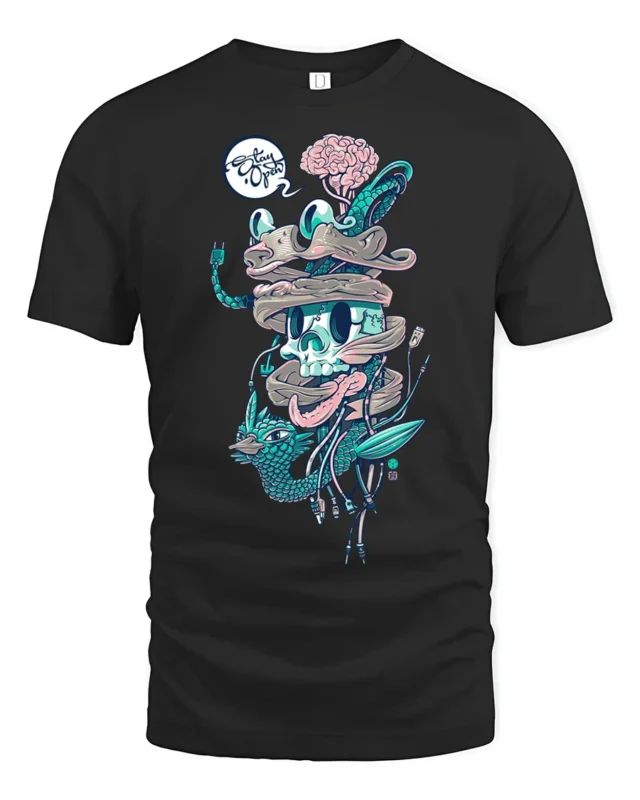 Surreal Wired Cyber Skull Biological Brain Graphic Tshirt - black t-shirt on white background