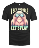 Bigfoot Wilderness Scout Binoculars Adventure Graphic Tshirt - black t-shirt on white background