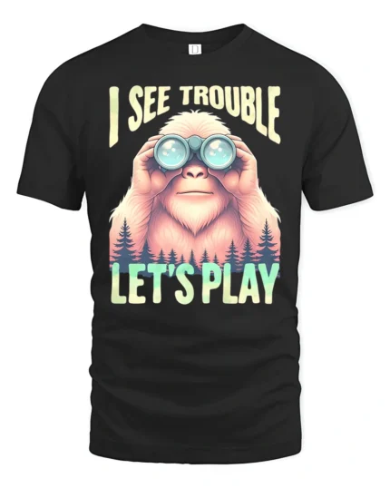 Bigfoot Wilderness Scout Binoculars Adventure Graphic Tshirt - black t-shirt on white background