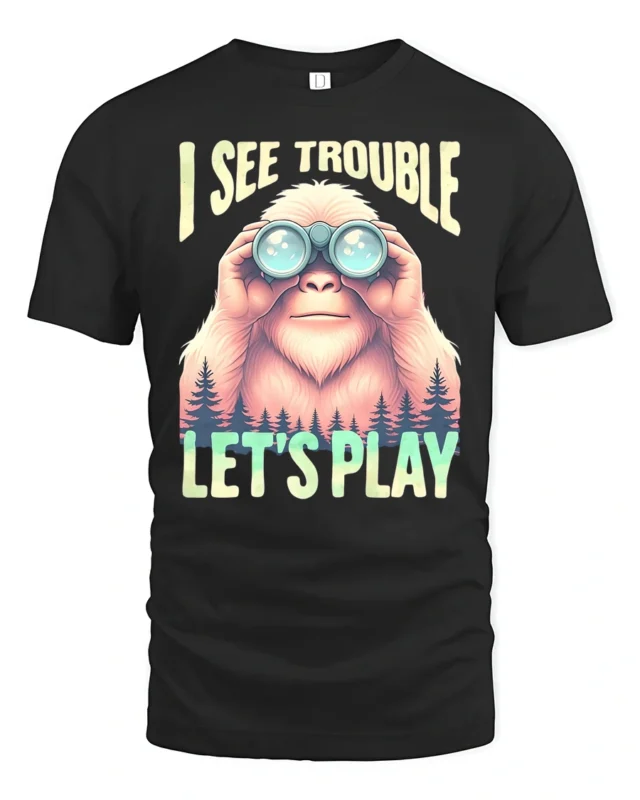 Bigfoot Wilderness Scout Binoculars Adventure Graphic Tshirt - black t-shirt on white background