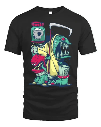 Grim Reaper Trash Can Monster Mutant Street Art Graphic Tee - black t-shirt on white background