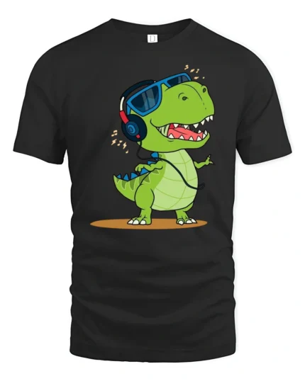 Groovy Dinosaur Dj Headphones Retro Music Lover Graphic Tshirt - black t-shirt on white background
