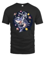 Galactic Space Shark Astronaut Riding Cosmic Graphic Tshirt - black t-shirt on white background