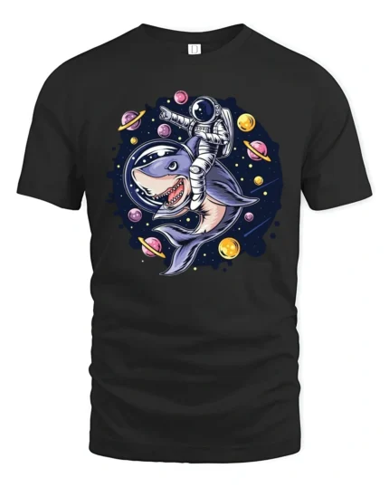 Galactic Space Shark Astronaut Riding Cosmic Graphic Tshirt - black t-shirt on white background