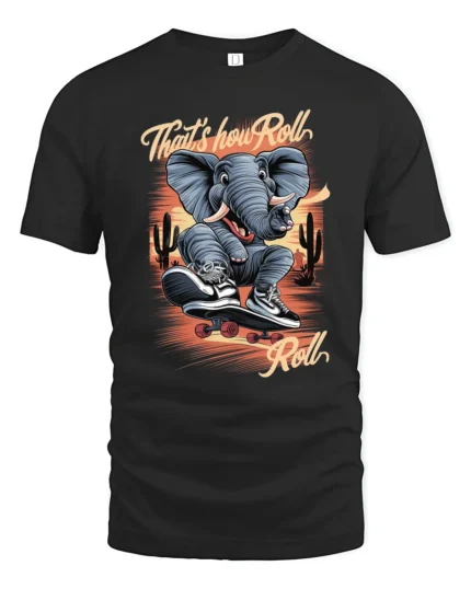 Radical Elephant Skater Desert Cactus Sunset Graphic Tshirt - black t-shirt on white background