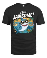 Cheerful Stay Jawsome Shark Beach Vacation Graphic Tshirt - black t-shirt on white background