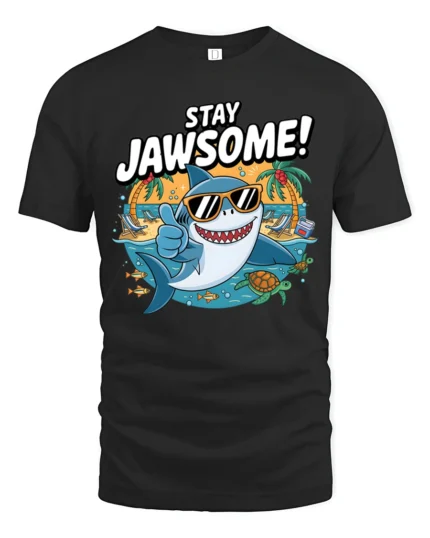 Cheerful Stay Jawsome Shark Beach Vacation Graphic Tshirt - black t-shirt on white background