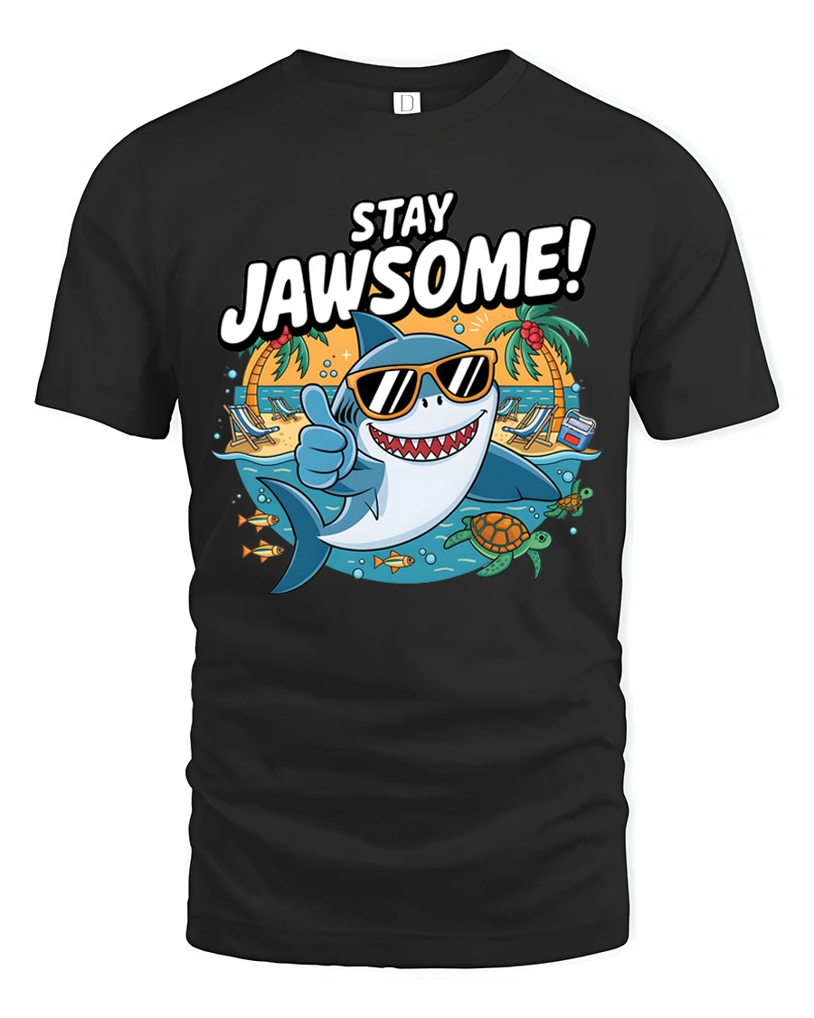 Cheerful Stay Jawsome Shark Beach Vacation Graphic Tshirt - 1 Cheerful Stay Jawsome Shark Beach Vacation Graphic Tshirt - black t-shirt on white background