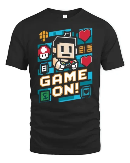 Vibrant Pixel Art Game On Retro Controller Graphic Tshirt - black t-shirt on white background