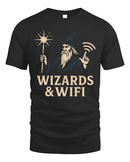 Magical Wizard WiFi Connection Funny Tech Geek Soft Tshirt - black t-shirt on white background