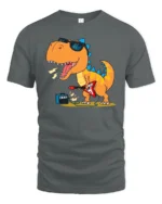 Rockstar Dinosaur Playing Electric Guitar Retro Music Tshirt - gray t-shirt on white background