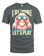 Bigfoot Wilderness Scout Binoculars Adventure Graphic Tshirt - gray t-shirt on white background