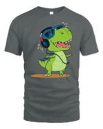 Groovy Dinosaur Dj Headphones Retro Music Lover Graphic Tshirt - gray t-shirt on white background