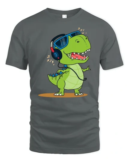 Groovy Dinosaur Dj Headphones Retro Music Lover Graphic Tshirt - gray t-shirt on white background