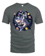 Galactic Space Shark Astronaut Riding Cosmic Graphic Tshirt - gray t-shirt on white background