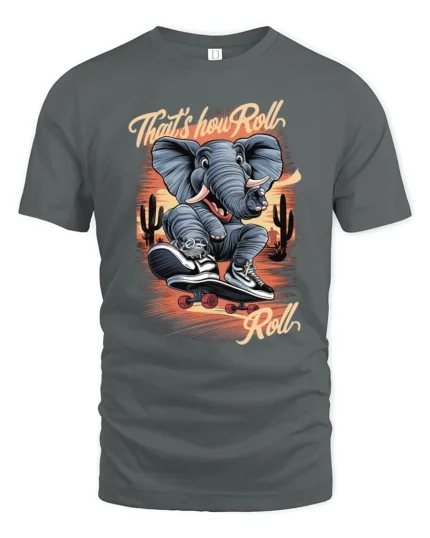 Radical Elephant Skater Desert Cactus Sunset Graphic Tshirt - gray t-shirt on white background