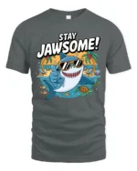 Cheerful Stay Jawsome Shark Beach Vacation Graphic Tshirt - gray t-shirt on white background