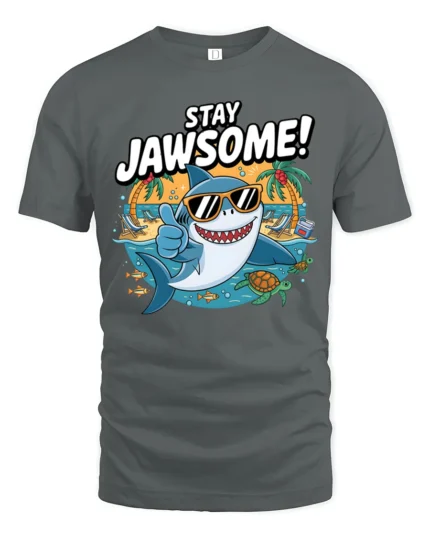 Cheerful Stay Jawsome Shark Beach Vacation Graphic Tshirt - gray t-shirt on white background