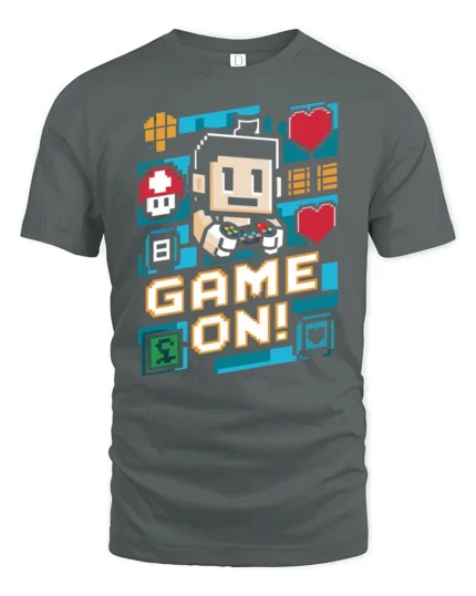 Vibrant Pixel Art Game On Retro Controller Graphic Tshirt - gray t-shirt on white background