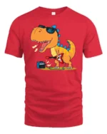 Rockstar Dinosaur Playing Electric Guitar Retro Music Tshirt - red t-shirt on white background