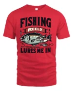 Fishing Reely Lures Me In Funny Angler Sport Graphic Tee - red t-shirt on white background
