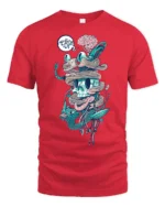 Surreal Wired Cyber Skull Biological Brain Graphic Tshirt - red t-shirt on white background