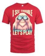 Bigfoot Wilderness Scout Binoculars Adventure Graphic Tshirt - red t-shirt on white background