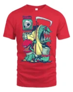Grim Reaper Trash Can Monster Mutant Street Art Graphic Tee - red t-shirt on white background
