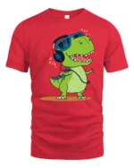 Groovy Dinosaur Dj Headphones Retro Music Lover Graphic Tshirt - red t-shirt on white background
