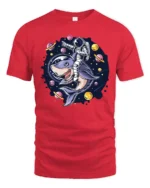 Galactic Space Shark Astronaut Riding Cosmic Graphic Tshirt - red t-shirt on white background