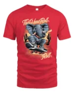 Radical Elephant Skater Desert Cactus Sunset Graphic Tshirt - red t-shirt on white background