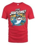 Cheerful Stay Jawsome Shark Beach Vacation Graphic Tshirt - red t-shirt on white background