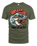 Superpowered Caped Otter Whisker Whirl Oceanic Graphic Tee - military green t-shirt on white background