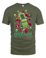 Retro 999 In 1 Brick Game Handheld Nostalgia Graphic Tshirt - military green t-shirt on white background