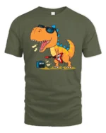 Rockstar Dinosaur Playing Electric Guitar Retro Music Tshirt - military green t-shirt on white background