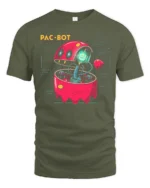 Cybernetic Pac Bot Arcade Ghost Retro Gaming Graphic Tshirt - military green t-shirt on white background