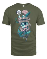Surreal Wired Cyber Skull Biological Brain Graphic Tshirt - military green t-shirt on white background