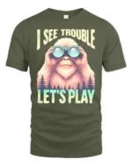 Bigfoot Wilderness Scout Binoculars Adventure Graphic Tshirt - military green t-shirt on white background