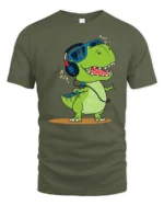 Groovy Dinosaur Dj Headphones Retro Music Lover Graphic Tshirt - military green t-shirt on white background