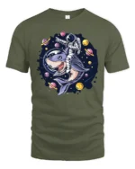 Galactic Space Shark Astronaut Riding Cosmic Graphic Tshirt - military green t-shirt on white background