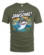 Cheerful Stay Jawsome Shark Beach Vacation Graphic Tshirt - military green t-shirt on white background
