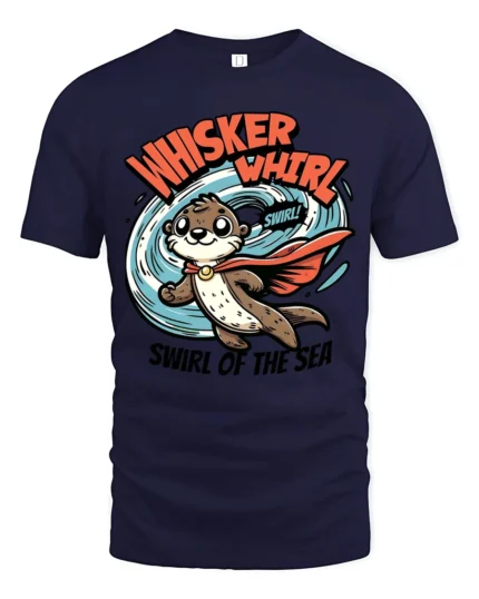 Superpowered Caped Otter Whisker Whirl Oceanic Graphic Tee - navy t-shirt on white background