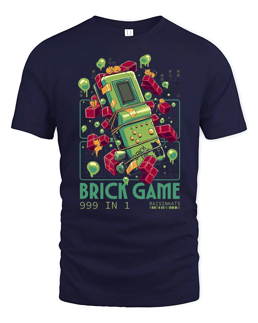Retro 999 In 1 Brick Game Handheld Nostalgia Graphic Tshirt - 1 Retro 999 In 1 Brick Game Handheld Nostalgia Graphic Tshirt - navy t-shirt on white background