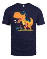 Rockstar Dinosaur Playing Electric Guitar Retro Music Tshirt - navy t-shirt on white background