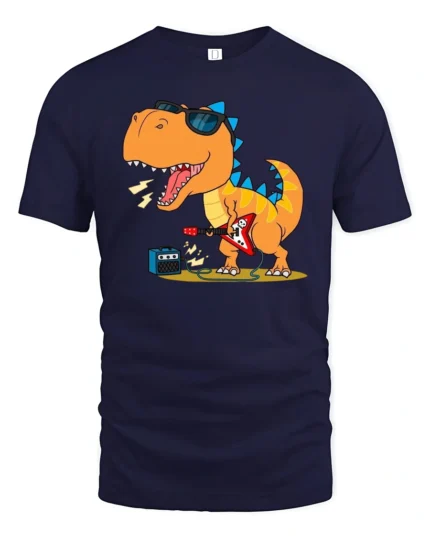 Rockstar Dinosaur Playing Electric Guitar Retro Music Tshirt - navy t-shirt on white background
