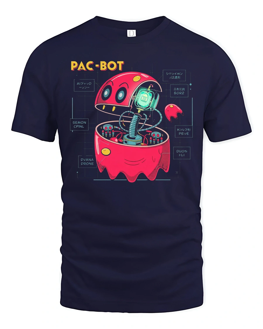 Cybernetic Pac Bot Arcade Ghost Retro Gaming Graphic Tshirt - 1 Cybernetic Pac Bot Arcade Ghost Retro Gaming Graphic Tshirt - navy t-shirt on white background