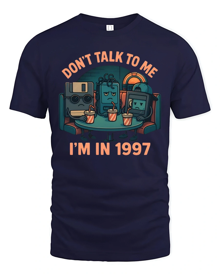 Retro 1997 Nostalgia Floppy Disk Diner Life Graphic Tshirt - 1 Retro 1997 Nostalgia Floppy Disk Diner Life Graphic Tshirt - navy t-shirt on white background