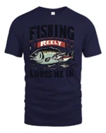 Fishing Reely Lures Me In Funny Angler Sport Graphic Tee - navy t-shirt on white background