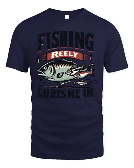 Fishing Reely Lures Me In Funny Angler Sport Graphic Tee - navy t-shirt on white background